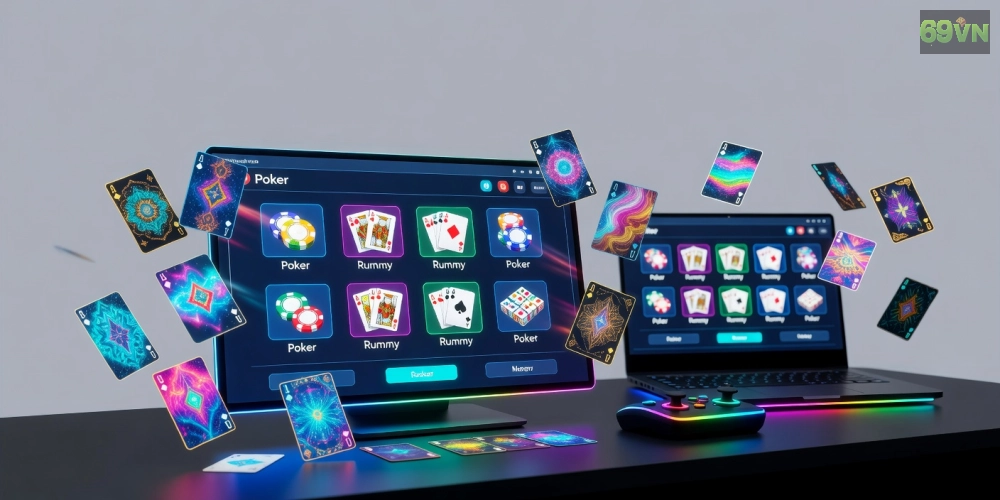 Minh họa khái niệm game bài online 69vn với giao diện hiện đại và các trò chơi phổ biến