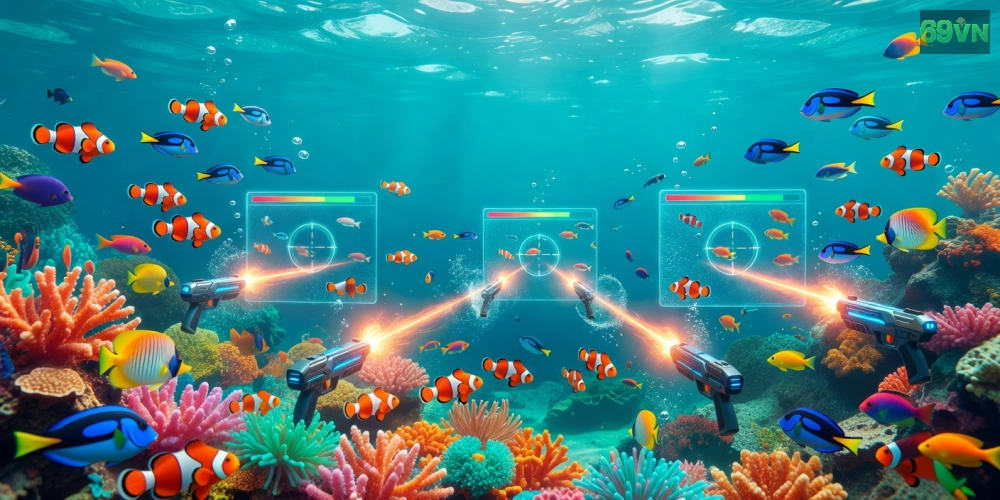Hình ảnh minh họa khái niệm game bắn cá online 69vn với đồ họa sống động dưới đại dương.